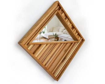 Rustic Oak and Cedar Reclaimed Wood Triangle Mirror Wall Art Decor - 25x25" - Made in the USA