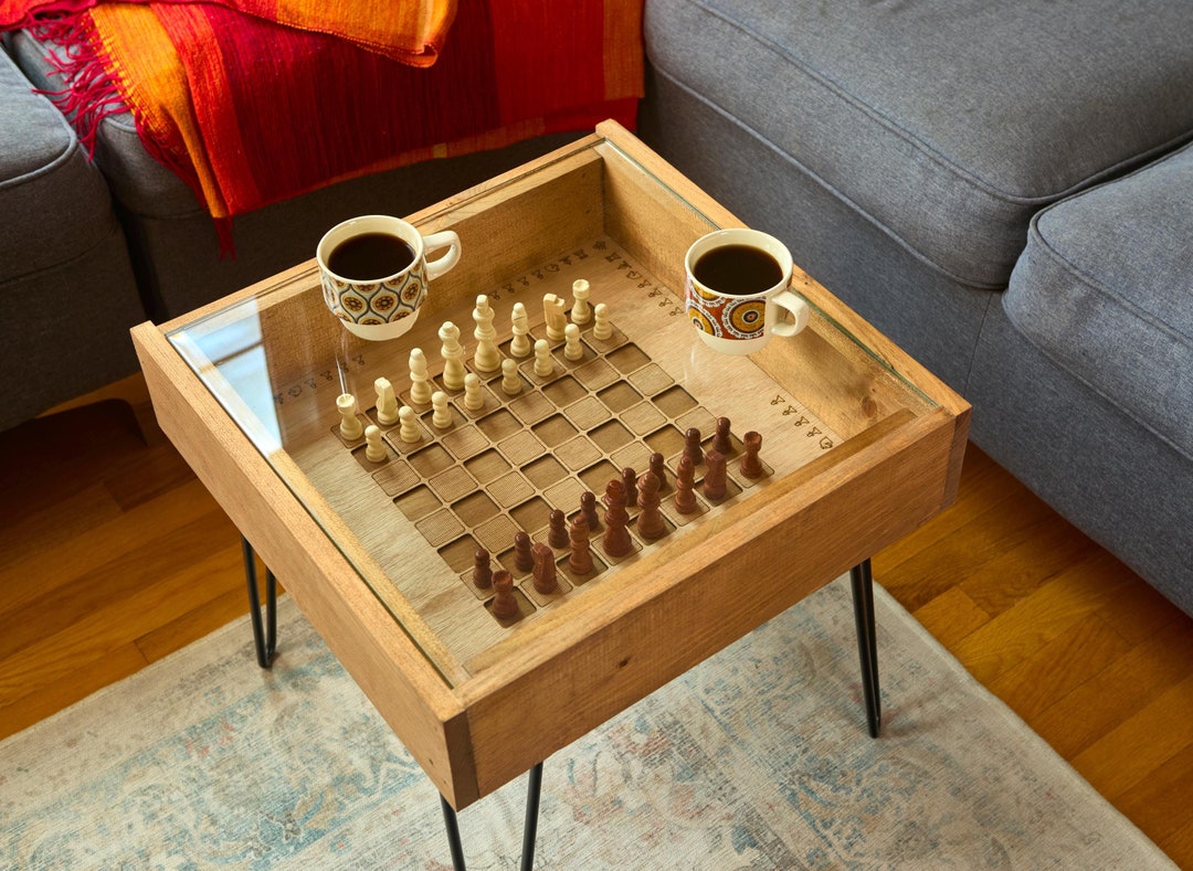 Rustic Chess and Checkers Table With Removable Glass Top - Chess and Checkers Pieces Included. 100% Made in the USA