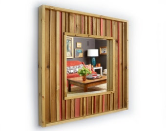 Rustic Cedar and Red Striped Reclaimed Wood Mosaic Mirror 30" x 30"