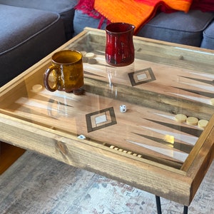 Rustic Backgammon Coffee Table with removable glass top - 100% Made in the USA