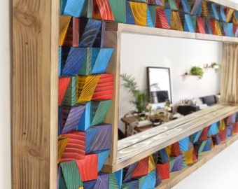 Vivid Rainbow Handcrafted Reclaimed Wood Wall Mosaic Mirror - 48&quot; x 16&quot;