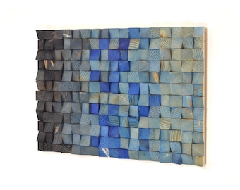 Stormy Beach Rustic Wood Wall Art Mosaic Sculpture - Deep Blue, Charcoal Gray and Black - 18"x26" Made in the USA