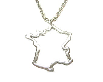 Silver Toned France Map Outline Pendant Necklace