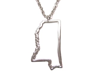 Silver Toned Mississippi State Map Outline Pendant Necklace