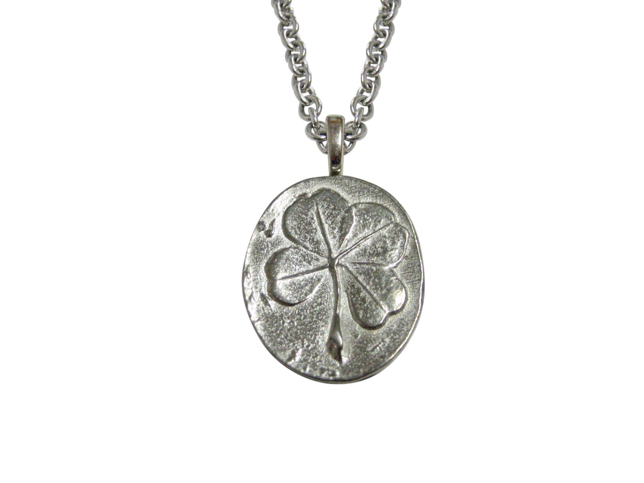 Silver Toned Oval Four Leaf Clover Pendant With Stainless Steel Necklace