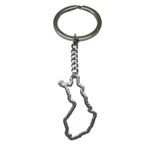 May include: A silver-colored keychain featuring a chain and a ring. The pendant is a cutout of the outline of Finland. The keychain is made of metal and is displayed against a white background.