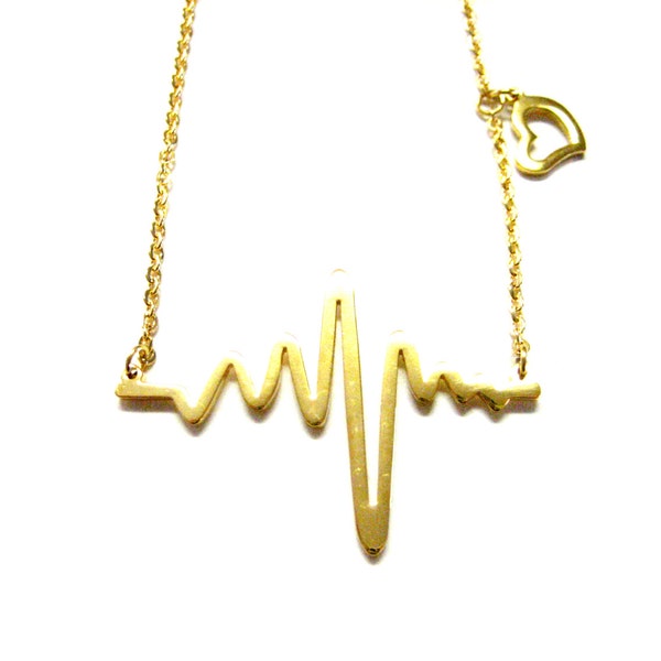 Gold Toned Heart Rhythm EKG Pendant Necklace