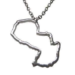 May include: A silver necklace with a pendant shaped like the outline of the state of  Paraguay.