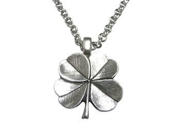 Silver Toned Textured Lucky Four Leaf Clover Pendant With Stainless Steel Necklace