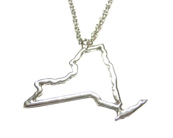 Silver Toned New York State Map Outline Pendant Necklace