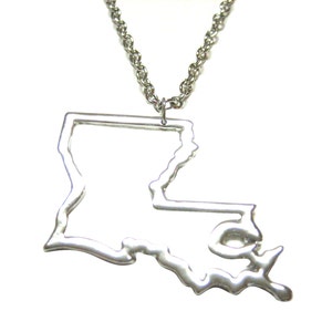 Silver Toned Louisiana State Map Outline Pendant Necklace
