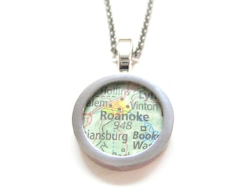 Roanoke Virginia Map Pendant Necklace