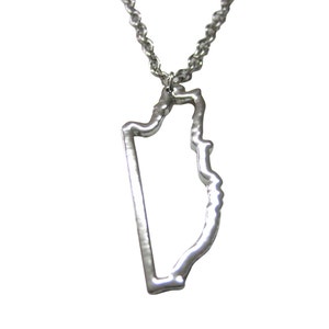 May include: A silver necklace with a pendant shaped like the outline of the state of Louisiana.