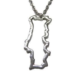 Silver Toned Portugal Map Outline Pendant Necklace