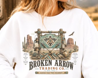 Sweater van Broken Arrow Trading Co., Southwestern Western-shirt met print | Vintage Desert Trading Post-shirt, turquoise westernshirt met ronde hals