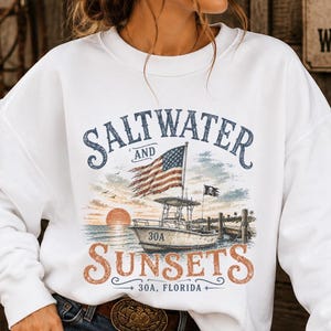 Saltwater & Sunsets Sweatshirt, 30A Florida Coastal Graphic Tee | Vintage Beach Shirt, Boating Apparel, Gulf Coast Crewneck