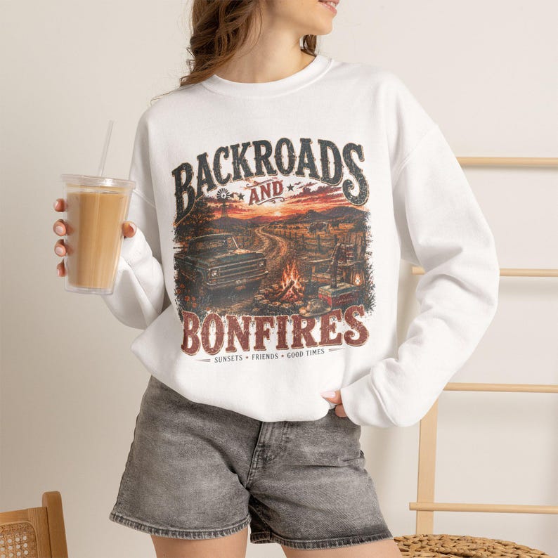 Vintage sweatshirt Backroads & Bonfires, T-shirt met landelijke levensstijl | Rustiek western sweatshirt met ronde hals afbeelding 2