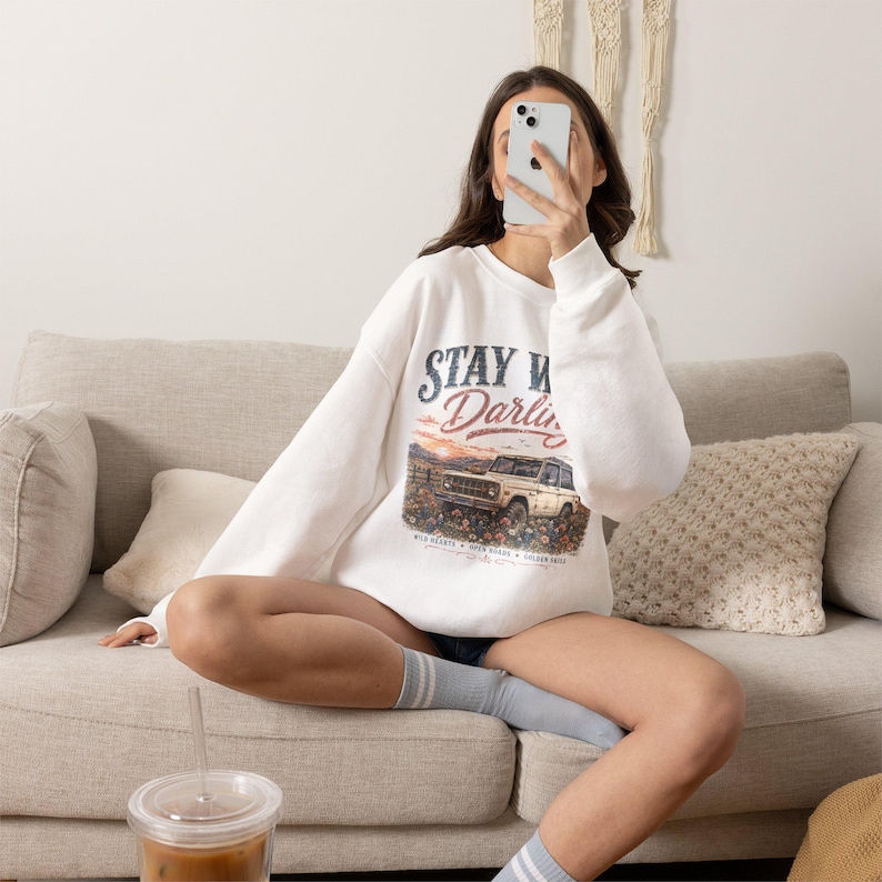 Stay Wild Darling Sweatshirt, Country Western Graphic Tee | Vintage Bronco Shirt, Wildflower Crewneck, Rustic Sweatshirt image 4