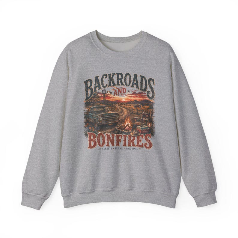 Vintage sweatshirt Backroads & Bonfires, T-shirt met landelijke levensstijl | Rustiek western sweatshirt met ronde hals afbeelding 4