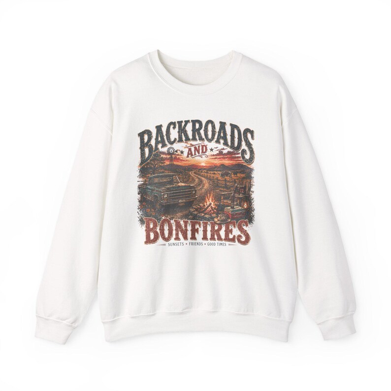 Vintage sweatshirt Backroads & Bonfires, T-shirt met landelijke levensstijl | Rustiek western sweatshirt met ronde hals afbeelding 3