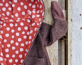 Walkjacke, Pilz , rot , Wolljacke für Kinder, Kinderjacke aus Schurwolle, warme Jacke für Kinder, gefütterte Jacke für Kinder, skandi Design