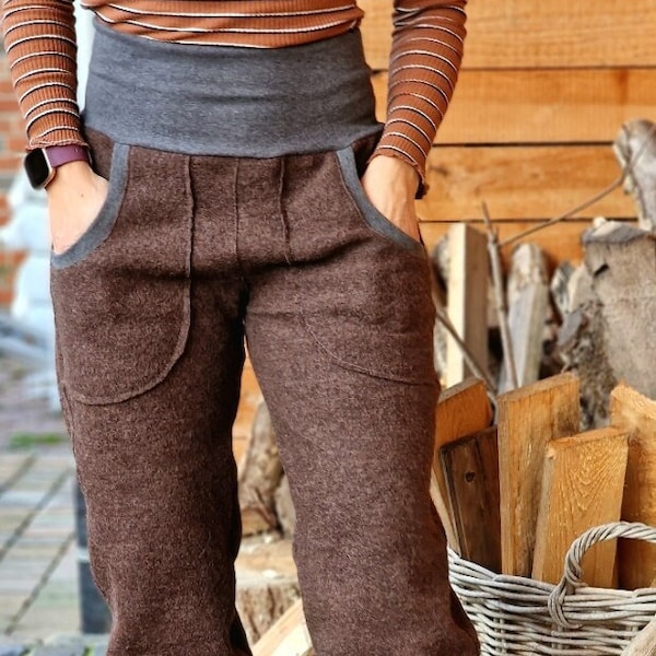 TAKE it AWAY brown boiled wool trousers for women, warm trousers, women's wool trousers, winter trousers, robust outdoor trousers, women's harem trousers