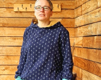 Musselin Hoodie , Kapuzenpulli,  Kapuzenpullover,  Pulli für Damen aus Baumwolle,  Oberteil aus Musselin Sommerpulli Musselinpullover Anker