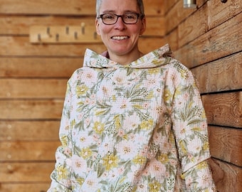 Waffel Musselin Hoodie, Kapuzenpulli, Kapuzenpullover, Pulli für Damen aus Baumwolle,  Oberteil aus Musselin Oversized Waffelpullover blumen