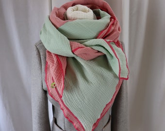 Écharpe en mousseline XXL pour femme - Écharpe d'été rose menthe - Couleur de bord au choix - Écharpe pour femme en mousseline douce - Écharpe triangulaire en mousseline