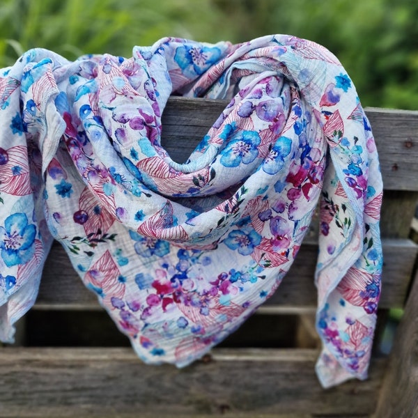 Muslin cloth XXL cloth women's scarf flowers pink with blue women's scarf + muslin scarf scarf wrap size selectable