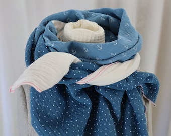 Muslin cloth XXL cloth women's scarf blue dottie anchor natural women's scarf made of muslin, soft scarf for women, cozy scarf neckerchief