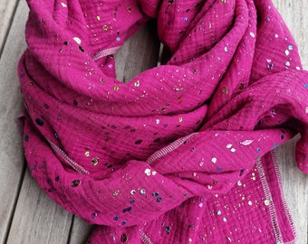 Écharpe en mousseline XXL pour femme - Confettis à paillettes - Écharpe en mousseline colorée rose - Écharpe triangulaire en mousseline pour femme - Écharpe douce en coton