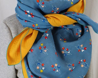 Muslin cloth XXL scarf ladies scarf yellow with floral pattern Flower ladies scarf soft scarf, triangular scarf made of muslin soft scarf for the neck