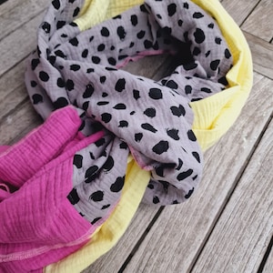 Muslin scarf XXL scarf ladies scarf patchwork unique summer summer scarf edge color selectable 220 x 60 cm dots grey pink yellow scarf made of muslin