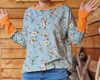 Sweatshirt Fledermausshirt ** Hanni **  Retro Blumen ,  maritim , Shirt für Damen Damenshirt mit langem Arm, Blumenshirt, BOHO, Retromuster