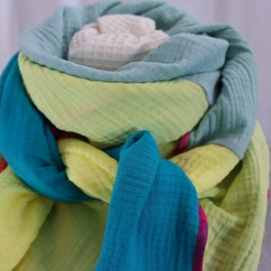 Muslin cloth XXL scarf ladies scarf turquoise yellow mint ladies scarf made of muslin, double gauze, scarf for ladies, block stripes, soft scarf
