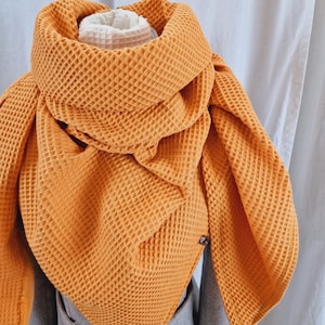 Waffle muslin cloth triangular scarf XXL scarf ladies scarf organic muslin scarf USED LOOK mustard yellow wrap scarf waffle pique