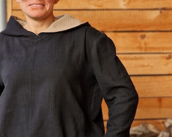 Musselin Hoodie, Kapuzenpulli,  Kapuzenpullover, Pulli für Damen aus Baumwolle Oberteil aus Musselin Sommerpulli Musselinpullover schwarz