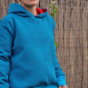 Waffle muslin hoodie, hooded sweatshirt, hoodie sweater for women made of cotton, top made of muslin oversized waffle sweater petrol