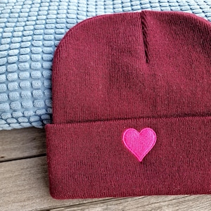 Stylish beanie hat for women heart burgundy unisex hat made of knit soft winter hat, gift for women ORGANIC fashion surfwear knitted hat