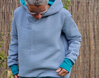 Waffel Musselin Hoodie, Kapuzenpulli,  Kapuzenpullover,  Pulli für Damen aus Baumwolle  Oberteil aus Musselin Oversized Waffelpullover blau