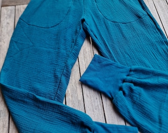 Pantalones de muselina para mujer | Pantalones de muselina vaporosos | Pantalones harén | Color petróleo | Pantalones de verano | Pantalones anchos | Culottes | Tallas de mujer S a XXL, pantalones ligeros