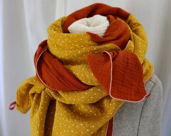Musselintuch XXL Tuch Damen Schal rost orange gelbe Punkte Damenschal aus Musselin,  Halstuch,  Dreieckstuch für Damen,  weicher Schal