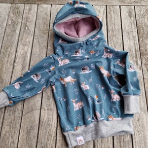 Hoodie, hooded sweater, hoodie for babies and children, forest animals, fox, hedgehog, Bambi, soft sweater for kids, sweater for babies