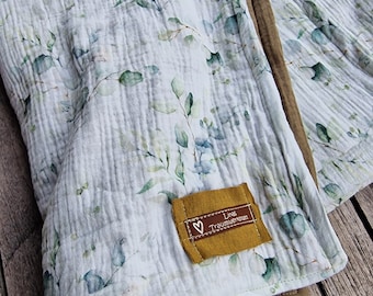 Muslin blanket with eucalyptus branches, romantic design, large size, muslin blanket, colors freely selectable, 4-layer, cozy blanket, wellness summer blanket, bedspread