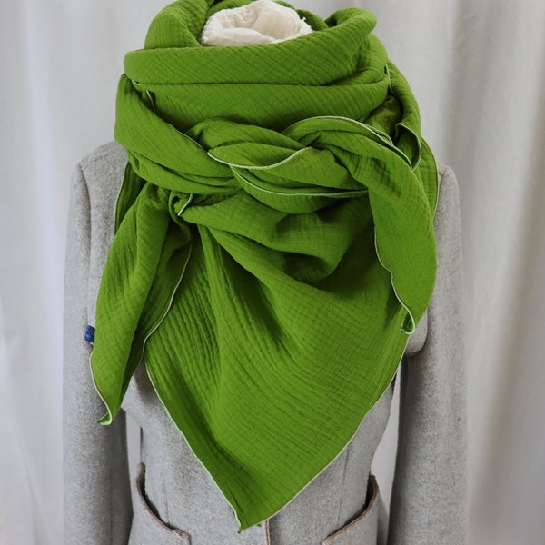 Musselintuch XXL Tuch Damen Schal  grün Wiesengrün Damenschal aus Musselin,  Double Gauze,  weicher Schal für den Herbst,  Dreieckstuch