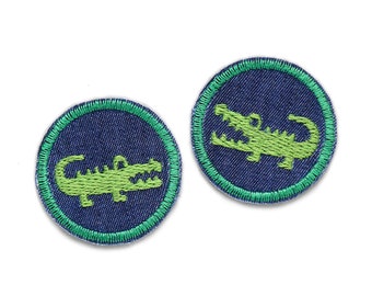 2 Krokodil grün Mini Bügelflicken, 4 cm, kleine Hosenflicken Jeansflicken Alligator, Kroko Flicken zum aufbügeln für Kinder