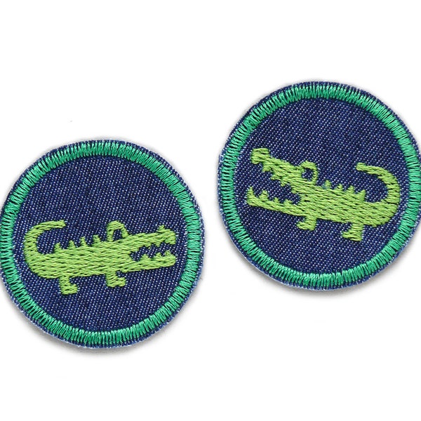 2 Krokodil grün Mini Bügelflicken, 4 cm, kleine Hosenflicken Jeansflicken Alligator, Kroko Flicken zum aufbügeln für Kinder