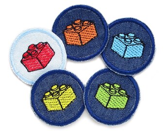 Set of 5 jeans patches embroidered building blocks, 4 cm, mini trouser patches, iron-on patches for boys