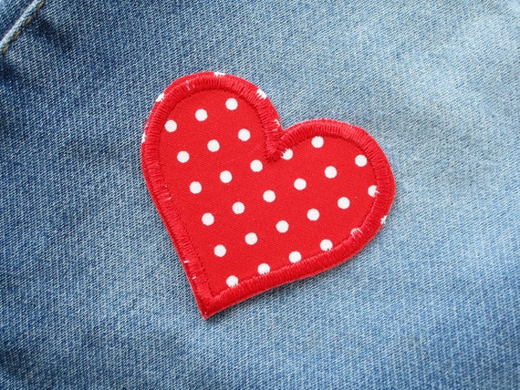 【BOK PLACE】Raw Red Stitch Heart Embroidery Wide Denim PT 2 Heart Patches to Iron on Red, Application Heart Dotted